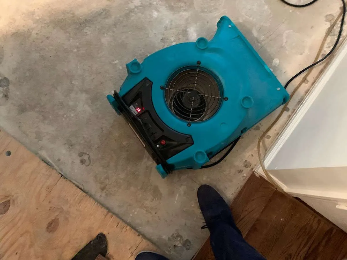 Air mover drying subfloor during Leak Detection & Repair in Wilton Manors